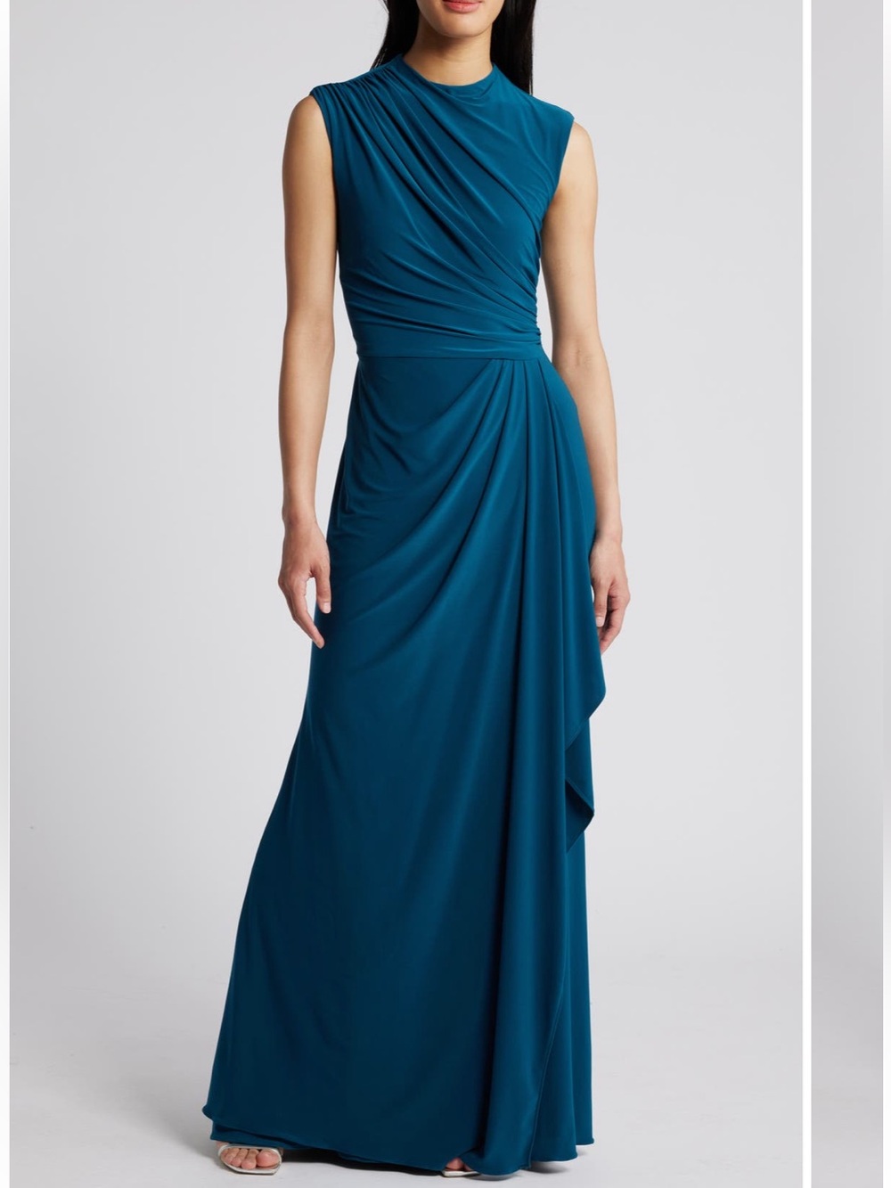 Betsy & Adam Mallard Ruched Sleeveless Mock Neck Evening Gown Size 10